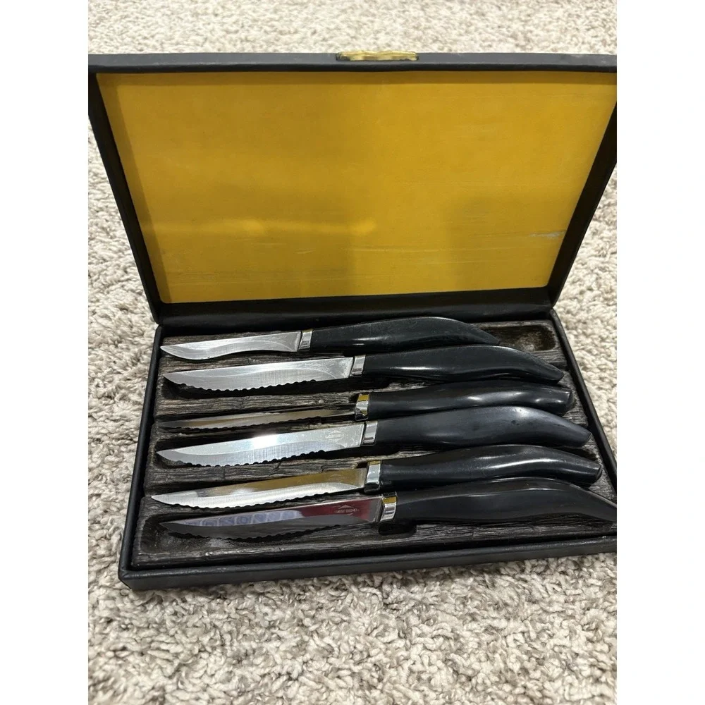 Vintage West Bend Steak Knives Set of 6 Hand Crafted USA Serrated Blades Boxed